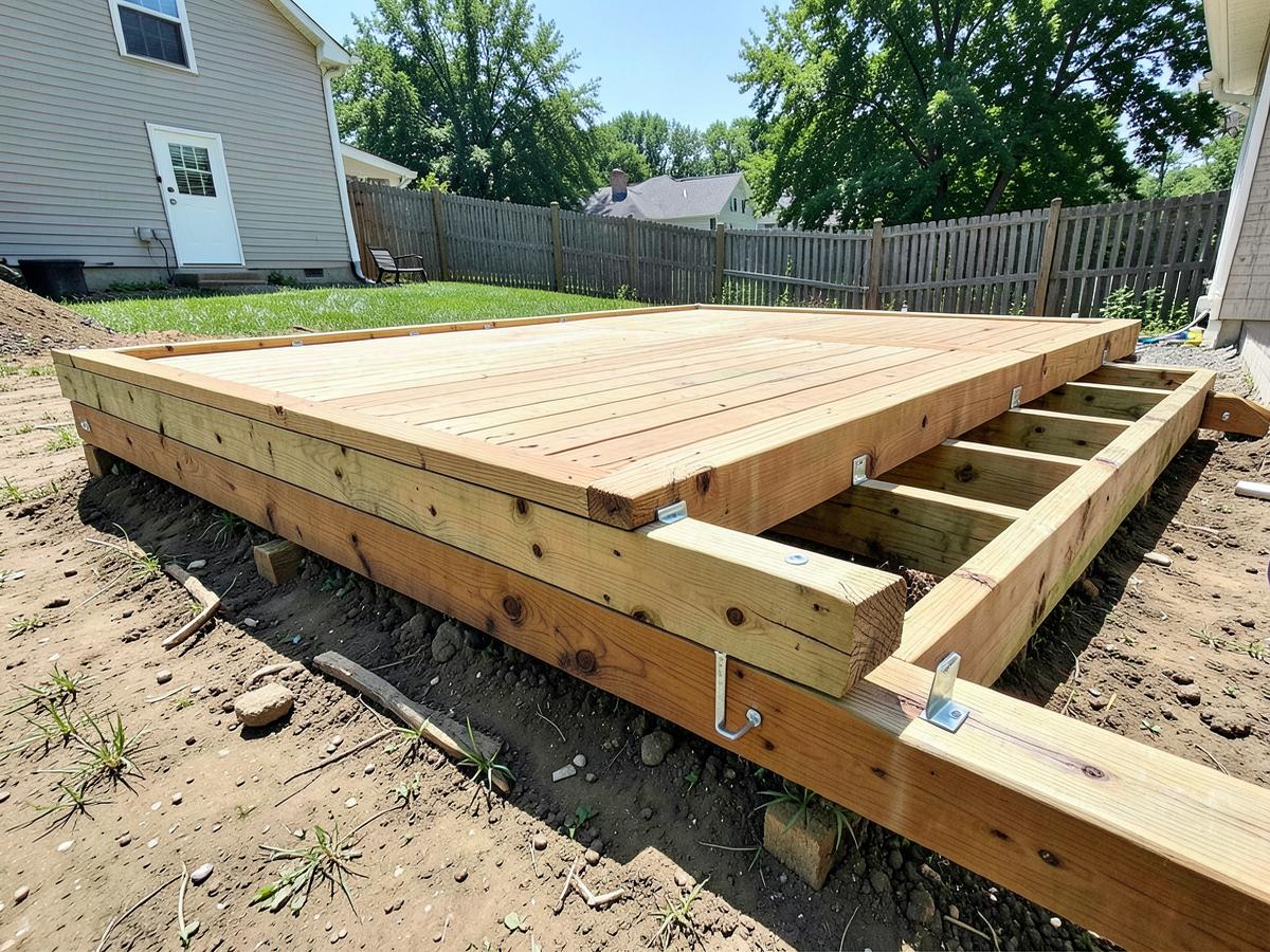 Deck framing with joists and hangers during construction